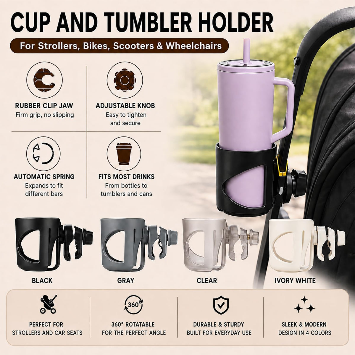 Universal Cup Holder for Stroller, Bike, Scooter & Wheelchair – Compatible with Stanley, Hydroflask, Yeti, Owala – 360° Rotating, Anti-Shake, Spill Resistant – Secure Fit (Black)