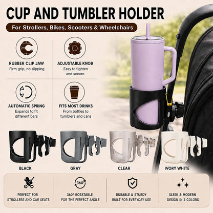 Universal Cup Holder for Stroller, Bike, Scooter & Wheelchair – Compatible with Stanley, Hydroflask, Yeti, Owala – 360° Rotating, Anti-Shake, Spill Resistant – Secure Fit (Black)