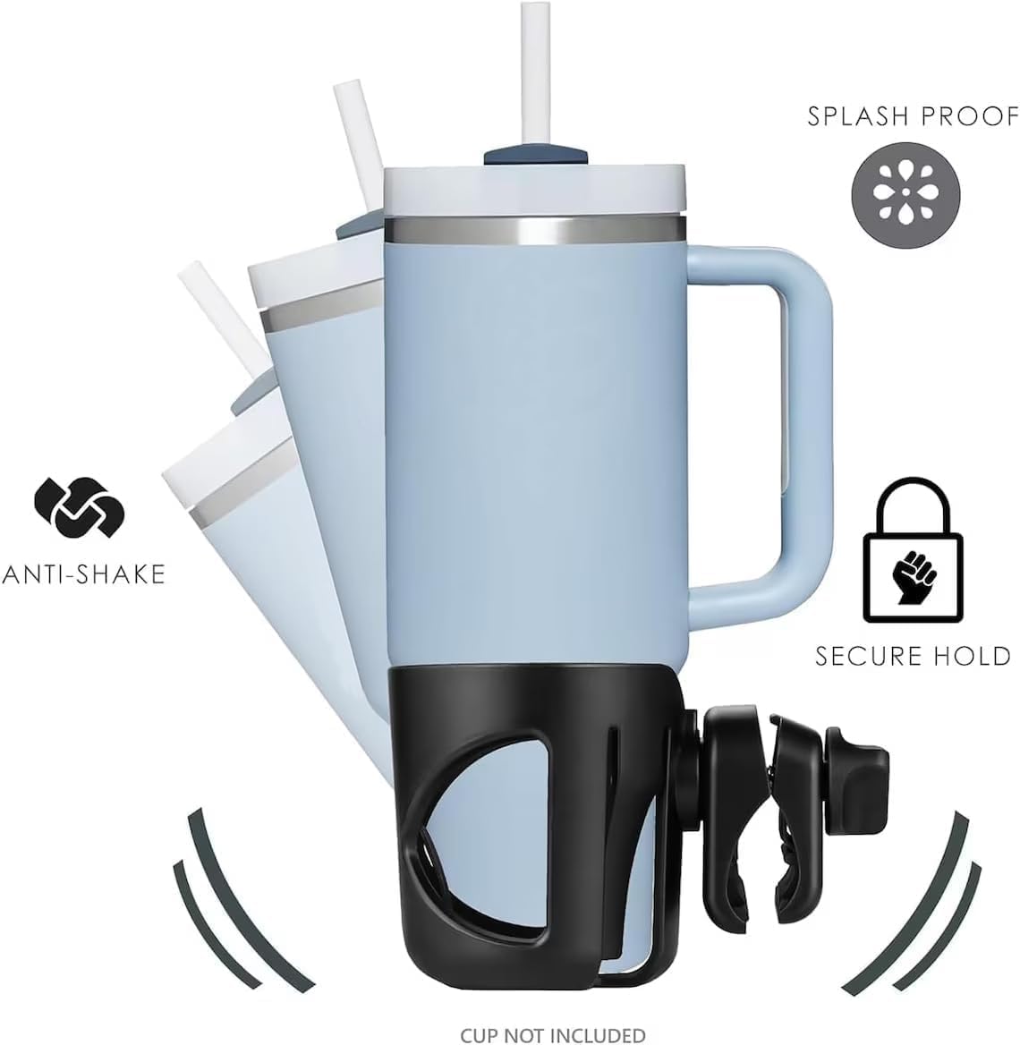 Universal Cup Holder for Stroller, Bike, Scooter & Wheelchair – Compatible with Stanley, Hydroflask, Yeti, Owala – 360° Rotating, Anti-Shake, Spill Resistant – Secure Fit (Black)
