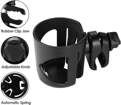 Universal Cup Holder for Stroller, Bike, Scooter & Wheelchair – Compatible with Stanley, Hydroflask, Yeti, Owala – 360° Rotating, Anti-Shake, Spill Resistant – Secure Fit (Black)