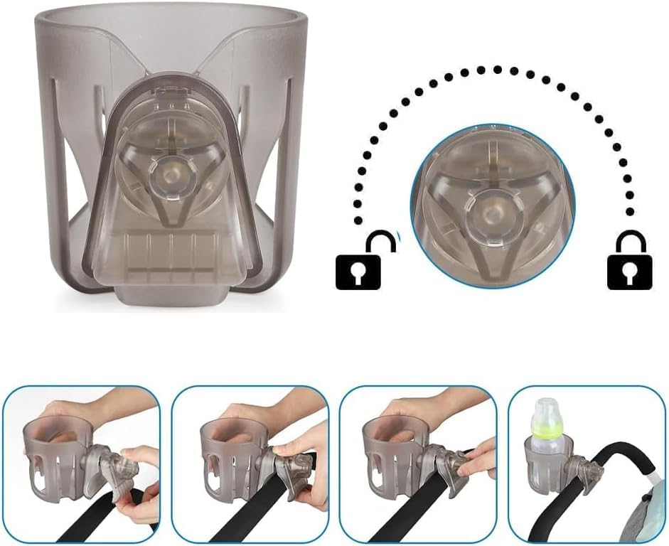 Universal Cup Holder for Stroller, Bike, Scooter & Wheelchair – Compatible with Stanley, Hydroflask, Yeti, Owala – 360° Rotating, Anti-Shake, Spill Resistant – Secure Fit (Black)