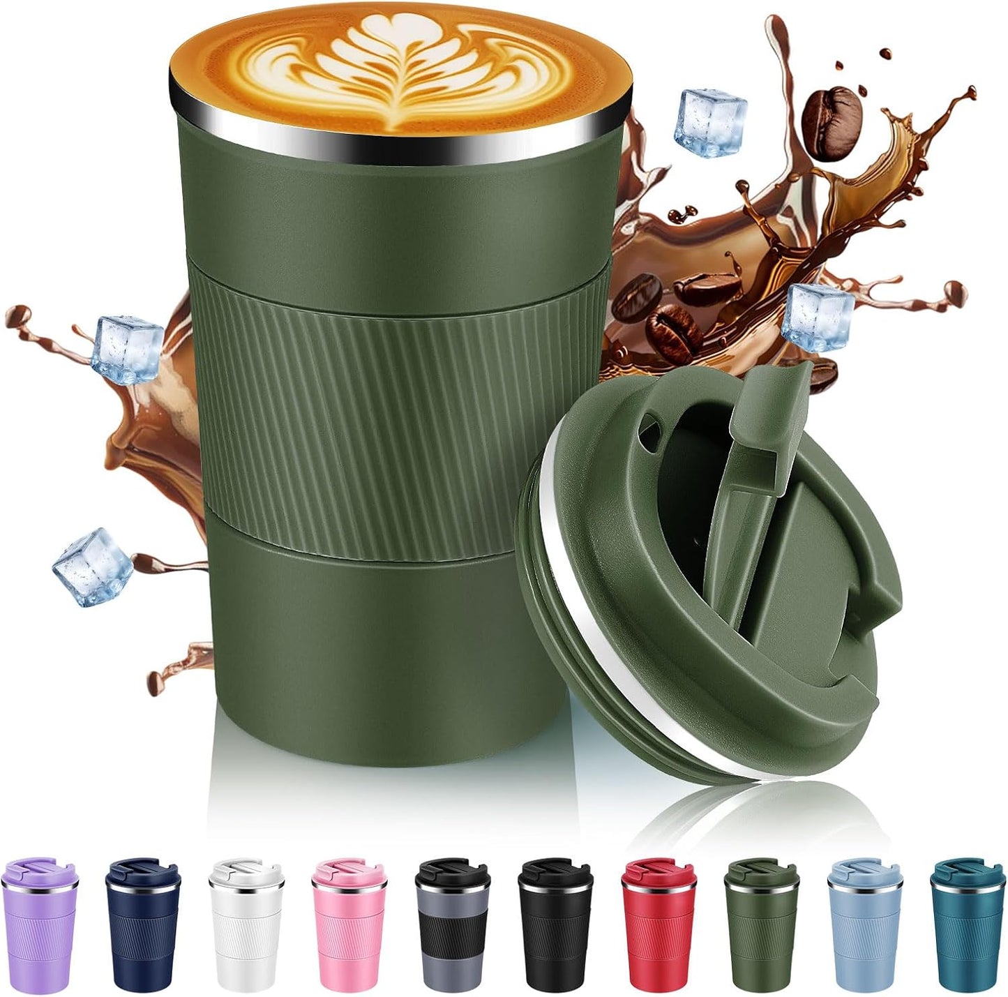 Volhoply 13 oz Stainless Steel Insulated Travel Coffee Mug with Fip Lid,Reusable Double Wall Vacuum Metal Coffee Cup,Portable to Go Leak Proof Cafe Thermal Tumbler for Hot & Cold Drinks(Gray,1)