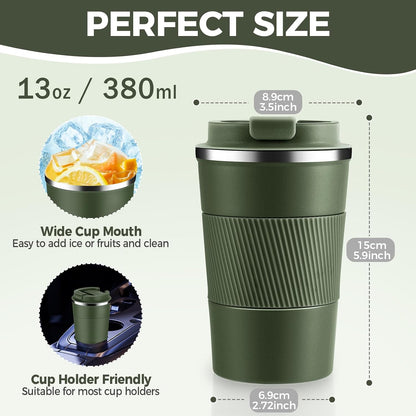 Volhoply 13 oz Stainless Steel Insulated Travel Coffee Mug with Fip Lid,Reusable Double Wall Vacuum Metal Coffee Cup,Portable to Go Leak Proof Cafe Thermal Tumbler for Hot & Cold Drinks(Gray,1)