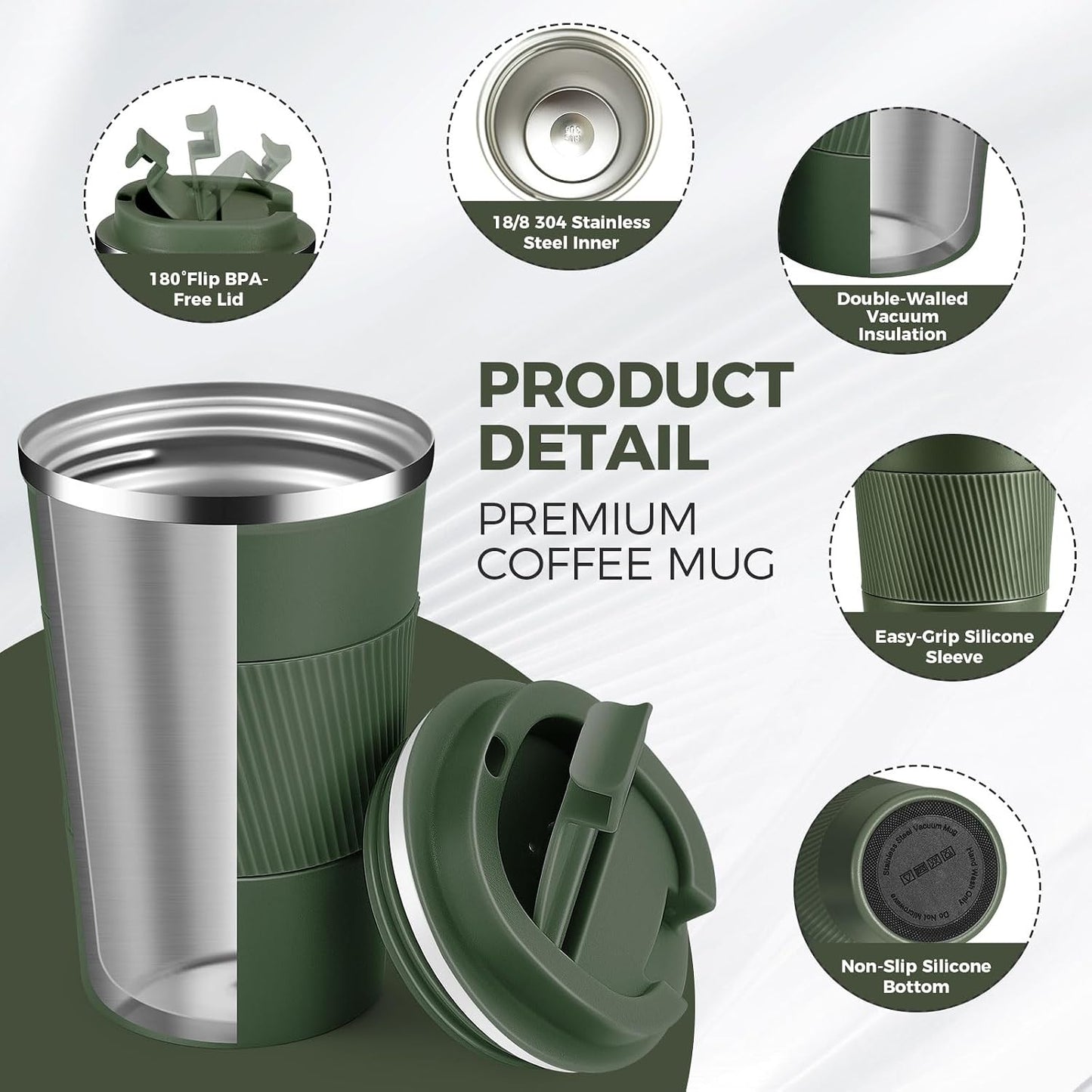 Volhoply 13 oz Stainless Steel Insulated Travel Coffee Mug with Fip Lid,Reusable Double Wall Vacuum Metal Coffee Cup,Portable to Go Leak Proof Cafe Thermal Tumbler for Hot & Cold Drinks(Gray,1)