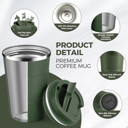 Volhoply 13 oz Stainless Steel Insulated Travel Coffee Mug with Fip Lid,Reusable Double Wall Vacuum Metal Coffee Cup,Portable to Go Leak Proof Cafe Thermal Tumbler for Hot & Cold Drinks(Gray,1)