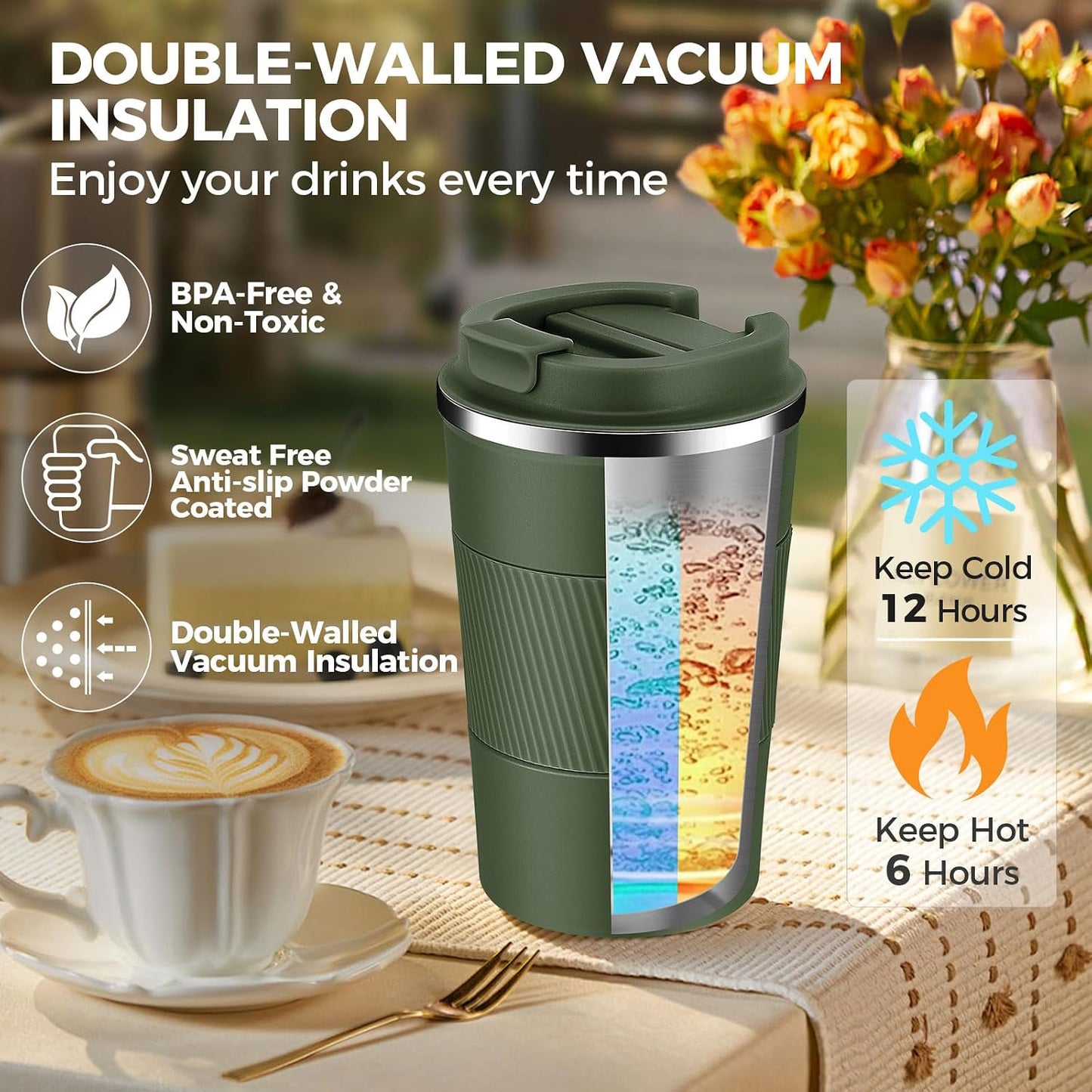 Volhoply 13 oz Stainless Steel Insulated Travel Coffee Mug with Fip Lid,Reusable Double Wall Vacuum Metal Coffee Cup,Portable to Go Leak Proof Cafe Thermal Tumbler for Hot & Cold Drinks(Gray,1)