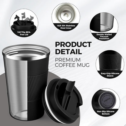 Volhoply 13 oz Stainless Steel Insulated Travel Coffee Mug with Fip Lid,Reusable Double Wall Vacuum Metal Coffee Cup,Portable to Go Leak Proof Cafe Thermal Tumbler for Hot & Cold Drinks(Gray,1)