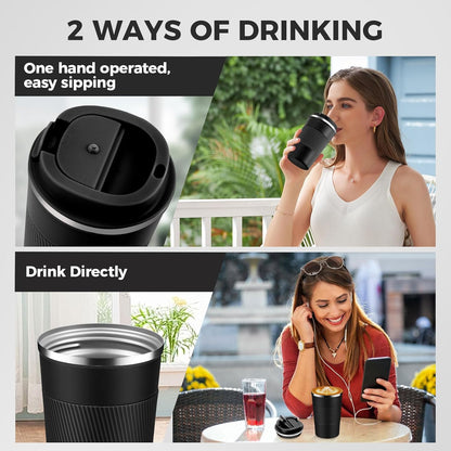 Volhoply 13 oz Stainless Steel Insulated Travel Coffee Mug with Fip Lid,Reusable Double Wall Vacuum Metal Coffee Cup,Portable to Go Leak Proof Cafe Thermal Tumbler for Hot & Cold Drinks(Gray,1)