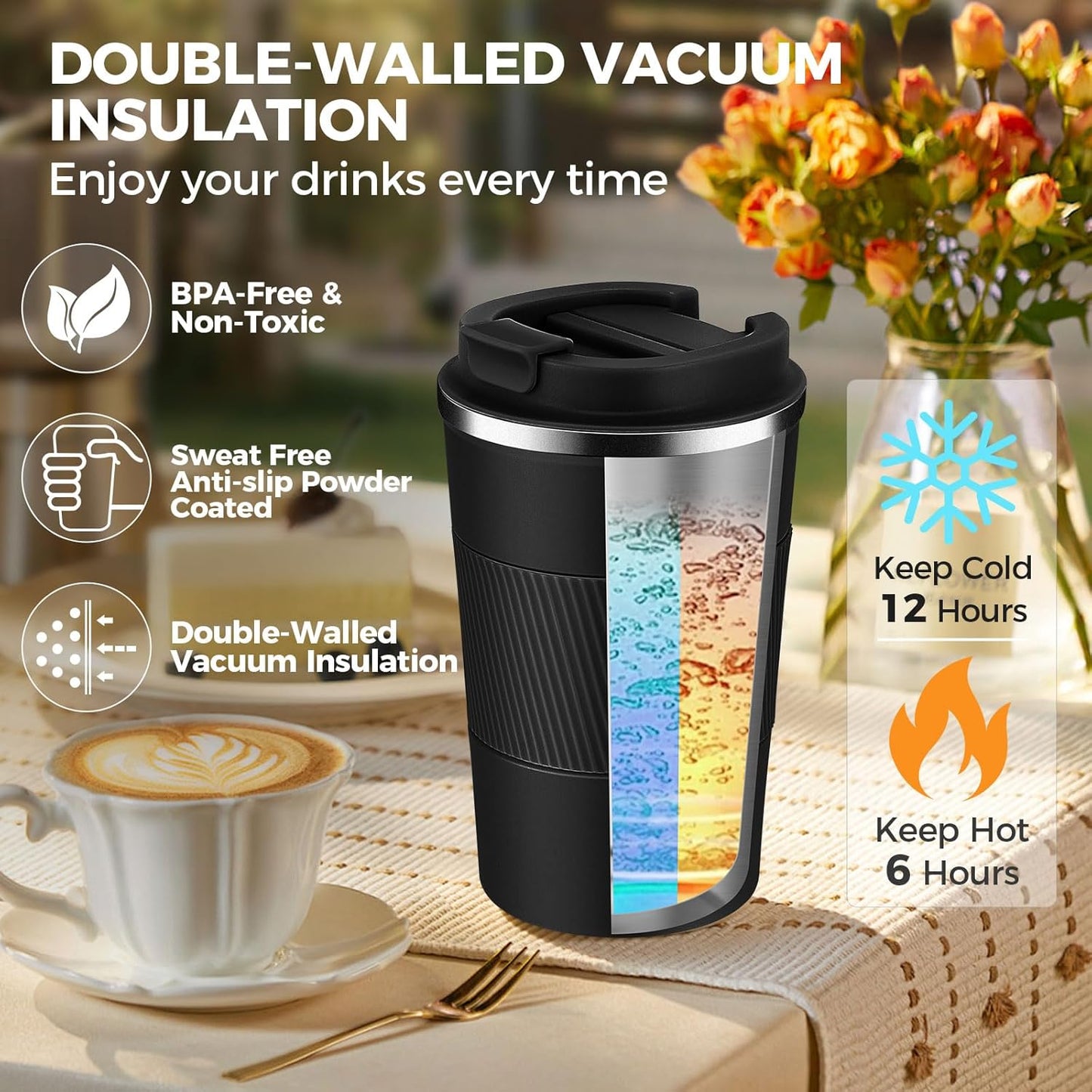 Volhoply 13 oz Stainless Steel Insulated Travel Coffee Mug with Fip Lid,Reusable Double Wall Vacuum Metal Coffee Cup,Portable to Go Leak Proof Cafe Thermal Tumbler for Hot & Cold Drinks(Gray,1)