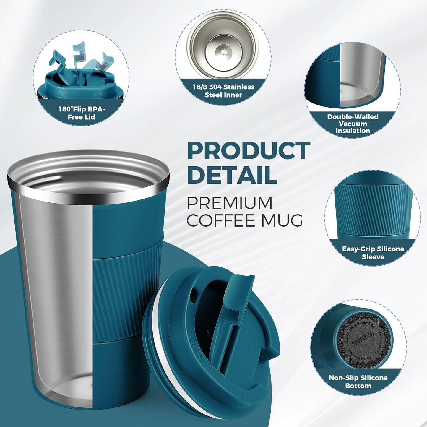 Volhoply 13 oz Stainless Steel Insulated Travel Coffee Mug with Fip Lid,Reusable Double Wall Vacuum Metal Coffee Cup,Portable to Go Leak Proof Cafe Thermal Tumbler for Hot & Cold Drinks(Gray,1)