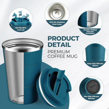 Volhoply 13 oz Stainless Steel Insulated Travel Coffee Mug with Fip Lid,Reusable Double Wall Vacuum Metal Coffee Cup,Portable to Go Leak Proof Cafe Thermal Tumbler for Hot & Cold Drinks(Gray,1)