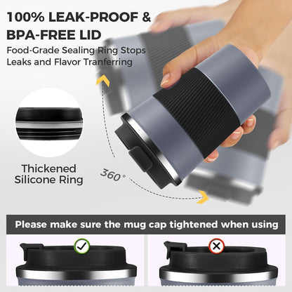 Volhoply 13 oz Stainless Steel Insulated Travel Coffee Mug with Fip Lid,Reusable Double Wall Vacuum Metal Coffee Cup,Portable to Go Leak Proof Cafe Thermal Tumbler for Hot & Cold Drinks(Gray,1)