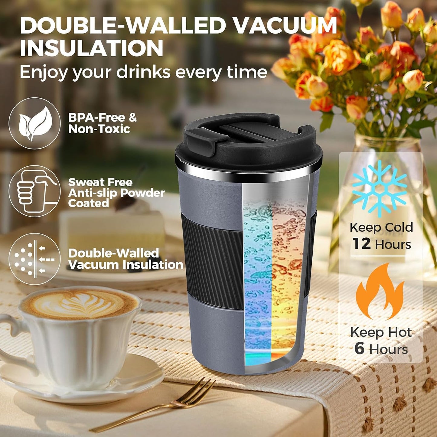 Volhoply 13 oz Stainless Steel Insulated Travel Coffee Mug with Fip Lid,Reusable Double Wall Vacuum Metal Coffee Cup,Portable to Go Leak Proof Cafe Thermal Tumbler for Hot & Cold Drinks(Gray,1)