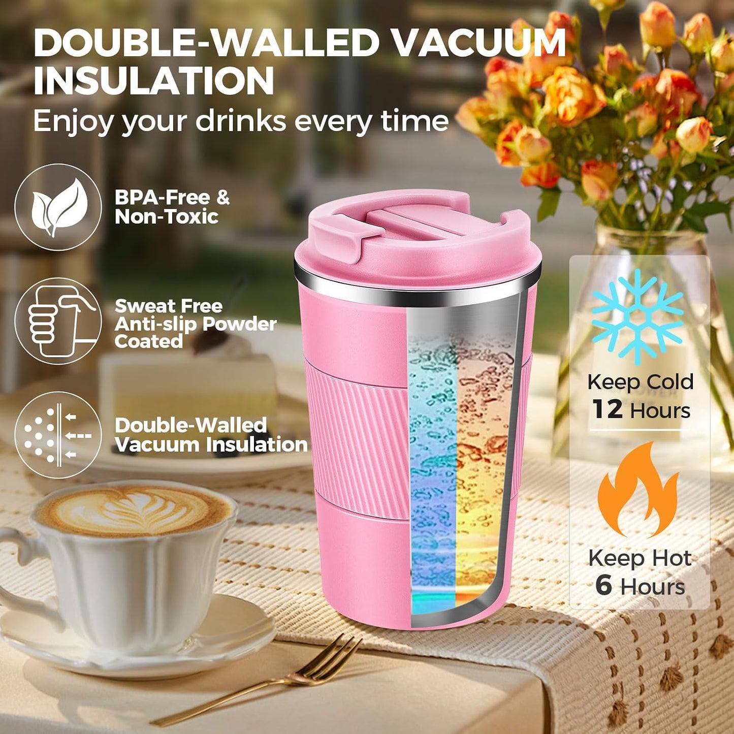 Volhoply 13 oz Stainless Steel Insulated Travel Coffee Mug with Fip Lid,Reusable Double Wall Vacuum Metal Coffee Cup,Portable to Go Leak Proof Cafe Thermal Tumbler for Hot & Cold Drinks(Gray,1)
