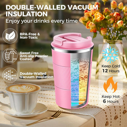 Volhoply 13 oz Stainless Steel Insulated Travel Coffee Mug with Fip Lid,Reusable Double Wall Vacuum Metal Coffee Cup,Portable to Go Leak Proof Cafe Thermal Tumbler for Hot & Cold Drinks(Gray,1)