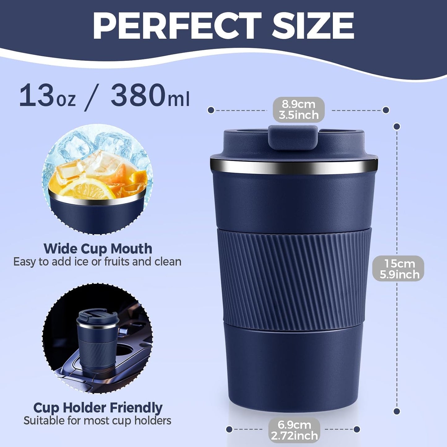 Volhoply 13 oz Stainless Steel Insulated Travel Coffee Mug with Fip Lid,Reusable Double Wall Vacuum Metal Coffee Cup,Portable to Go Leak Proof Cafe Thermal Tumbler for Hot & Cold Drinks(Gray,1)