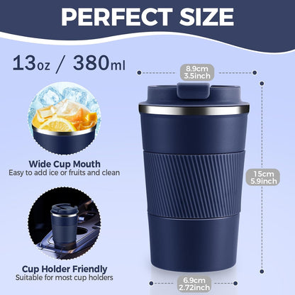 Volhoply 13 oz Stainless Steel Insulated Travel Coffee Mug with Fip Lid,Reusable Double Wall Vacuum Metal Coffee Cup,Portable to Go Leak Proof Cafe Thermal Tumbler for Hot & Cold Drinks(Gray,1)