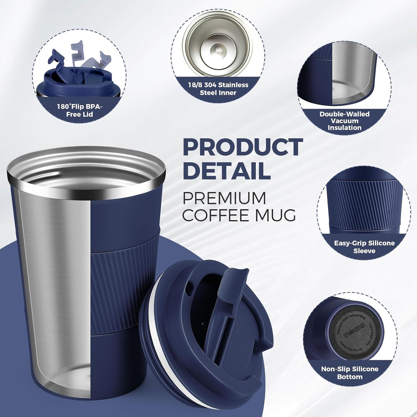 Volhoply 13 oz Stainless Steel Insulated Travel Coffee Mug with Fip Lid,Reusable Double Wall Vacuum Metal Coffee Cup,Portable to Go Leak Proof Cafe Thermal Tumbler for Hot & Cold Drinks(Gray,1)