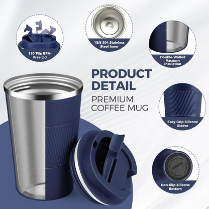 Volhoply 13 oz Stainless Steel Insulated Travel Coffee Mug with Fip Lid,Reusable Double Wall Vacuum Metal Coffee Cup,Portable to Go Leak Proof Cafe Thermal Tumbler for Hot & Cold Drinks(Gray,1)