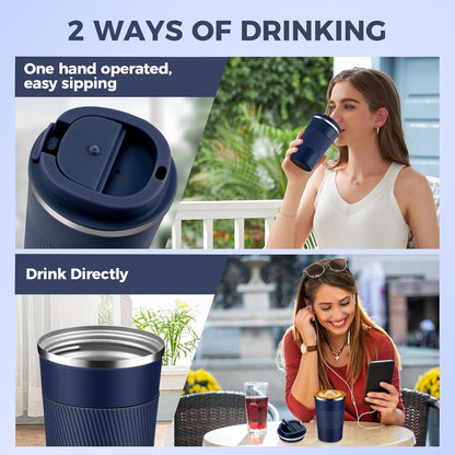 Volhoply 13 oz Stainless Steel Insulated Travel Coffee Mug with Fip Lid,Reusable Double Wall Vacuum Metal Coffee Cup,Portable to Go Leak Proof Cafe Thermal Tumbler for Hot & Cold Drinks(Gray,1)