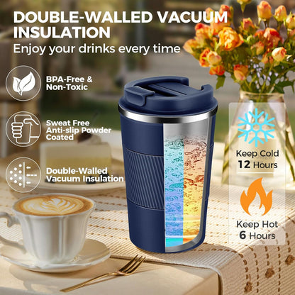 Volhoply 13 oz Stainless Steel Insulated Travel Coffee Mug with Fip Lid,Reusable Double Wall Vacuum Metal Coffee Cup,Portable to Go Leak Proof Cafe Thermal Tumbler for Hot & Cold Drinks(Gray,1)