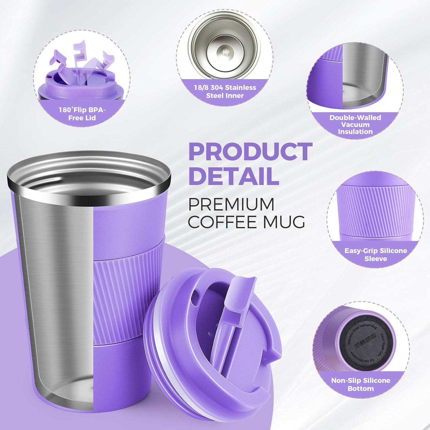 Volhoply 13 oz Stainless Steel Insulated Travel Coffee Mug with Fip Lid,Reusable Double Wall Vacuum Metal Coffee Cup,Portable to Go Leak Proof Cafe Thermal Tumbler for Hot & Cold Drinks(Gray,1)