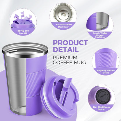 Volhoply 13 oz Stainless Steel Insulated Travel Coffee Mug with Fip Lid,Reusable Double Wall Vacuum Metal Coffee Cup,Portable to Go Leak Proof Cafe Thermal Tumbler for Hot & Cold Drinks(Gray,1)