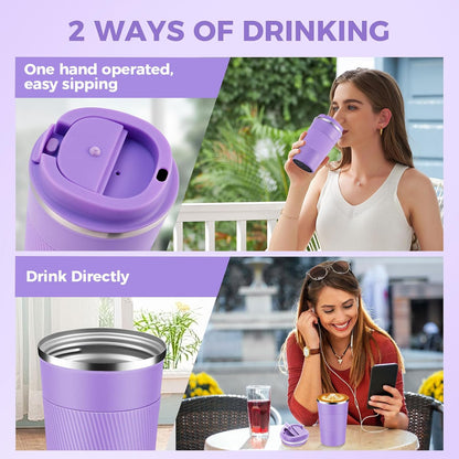 Volhoply 13 oz Stainless Steel Insulated Travel Coffee Mug with Fip Lid,Reusable Double Wall Vacuum Metal Coffee Cup,Portable to Go Leak Proof Cafe Thermal Tumbler for Hot & Cold Drinks(Gray,1)