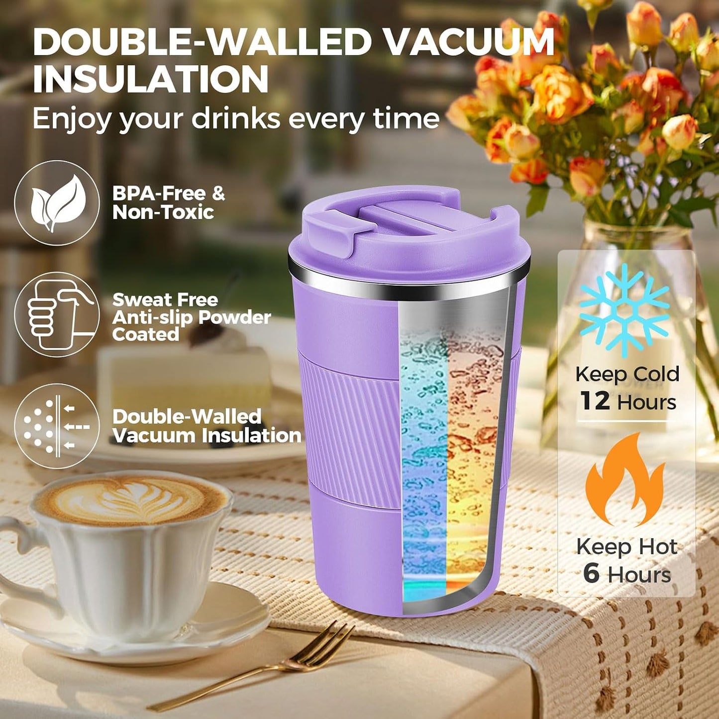 Volhoply 13 oz Stainless Steel Insulated Travel Coffee Mug with Fip Lid,Reusable Double Wall Vacuum Metal Coffee Cup,Portable to Go Leak Proof Cafe Thermal Tumbler for Hot & Cold Drinks(Gray,1)