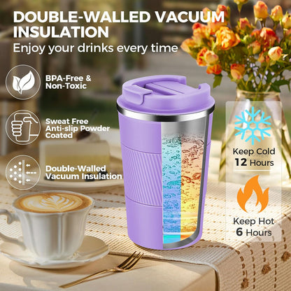 Volhoply 13 oz Stainless Steel Insulated Travel Coffee Mug with Fip Lid,Reusable Double Wall Vacuum Metal Coffee Cup,Portable to Go Leak Proof Cafe Thermal Tumbler for Hot & Cold Drinks(Gray,1)