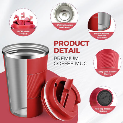 Volhoply 13 oz Stainless Steel Insulated Travel Coffee Mug with Fip Lid,Reusable Double Wall Vacuum Metal Coffee Cup,Portable to Go Leak Proof Cafe Thermal Tumbler for Hot & Cold Drinks(Gray,1)