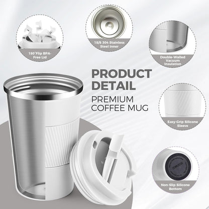 Volhoply 13 oz Stainless Steel Insulated Travel Coffee Mug with Fip Lid,Reusable Double Wall Vacuum Metal Coffee Cup,Portable to Go Leak Proof Cafe Thermal Tumbler for Hot & Cold Drinks(Gray,1)