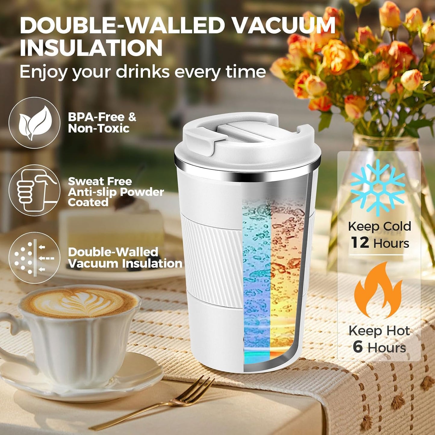 Volhoply 13 oz Stainless Steel Insulated Travel Coffee Mug with Fip Lid,Reusable Double Wall Vacuum Metal Coffee Cup,Portable to Go Leak Proof Cafe Thermal Tumbler for Hot & Cold Drinks(Gray,1)