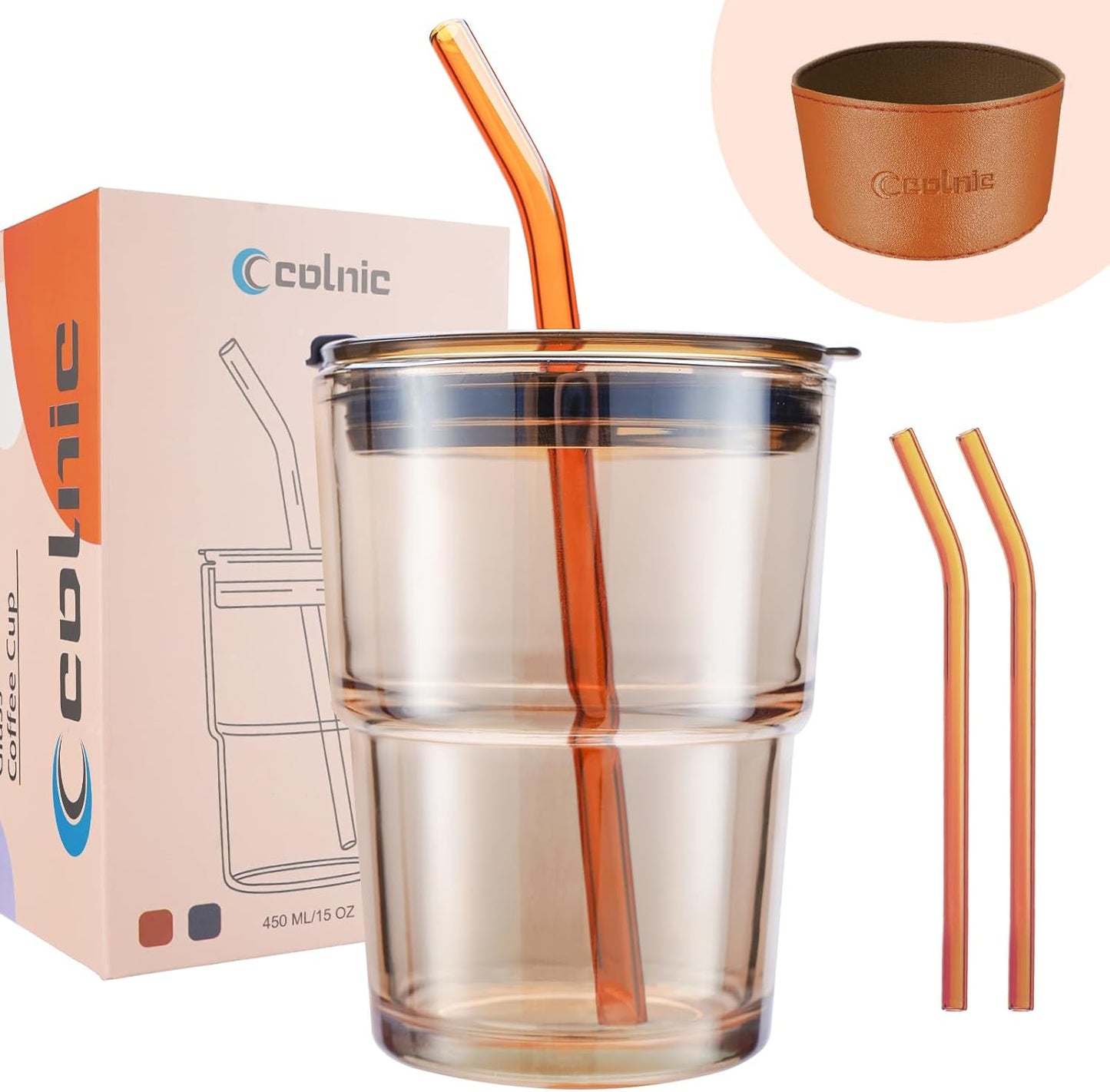 Glass Cups With Lids And Straws, Matcha Cup, Iced Coffee Cup,13Oz/400ml Iced Coffee Glasses Tumbler, Thick Wall Glass Mug For Tea Water, Cute Chirstmas Gifts (Clear,1PCS)