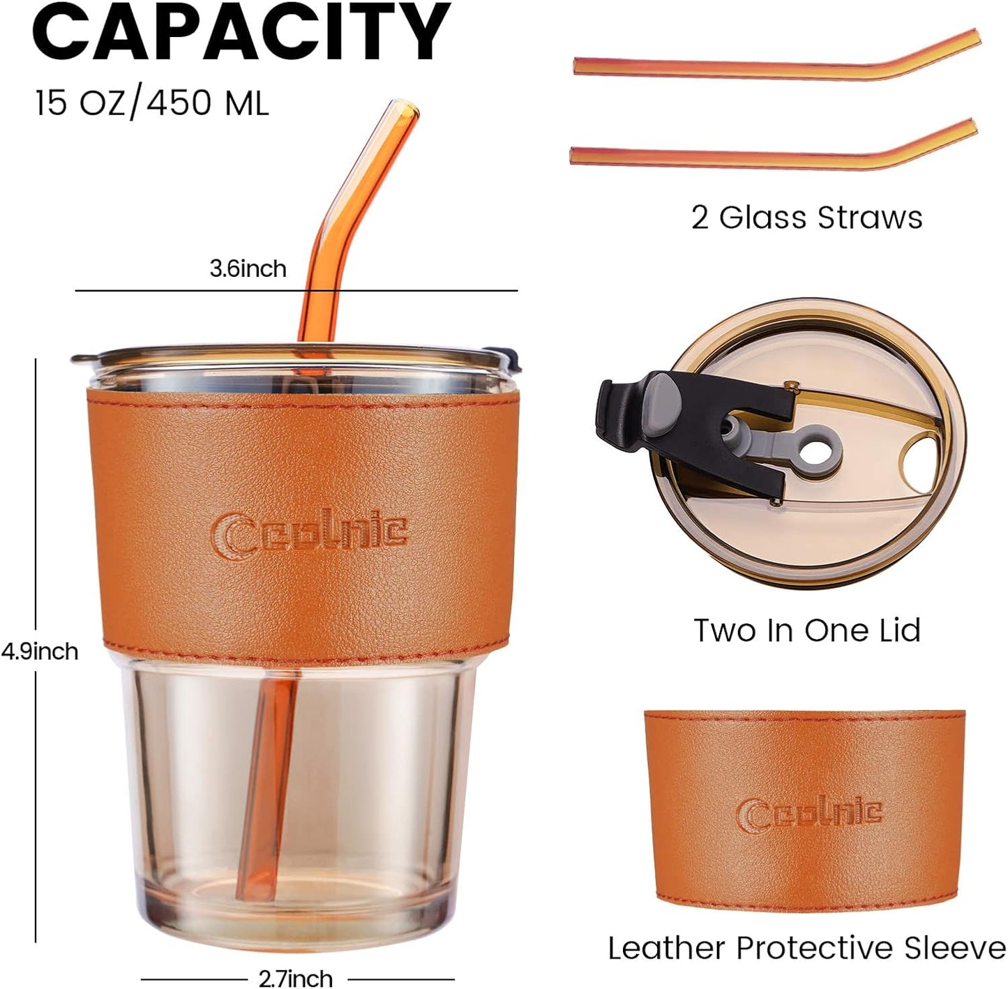Glass Cups With Lids And Straws, Matcha Cup, Iced Coffee Cup,13Oz/400ml Iced Coffee Glasses Tumbler, Thick Wall Glass Mug For Tea Water, Cute Chirstmas Gifts (Clear,1PCS)