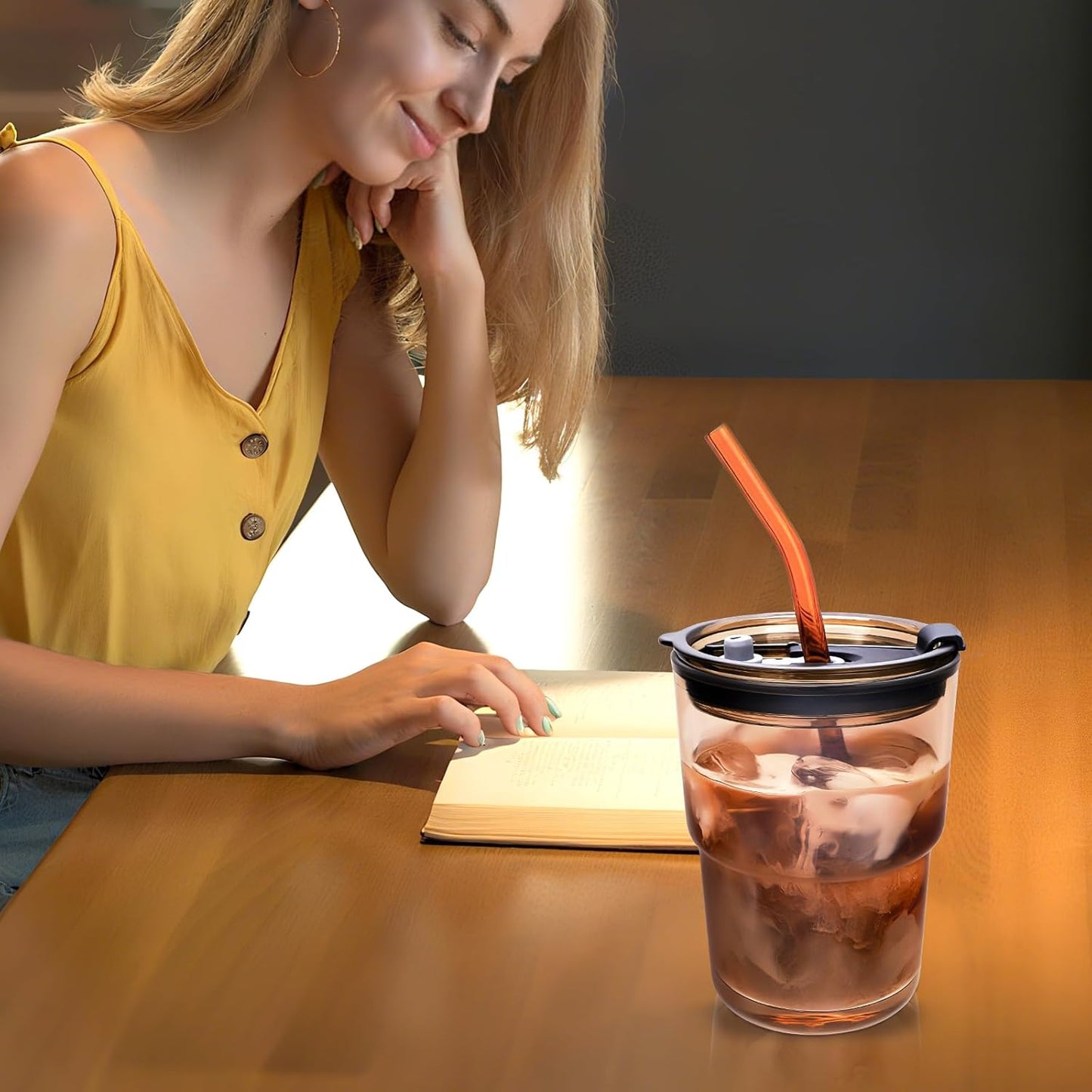 Glass Cups With Lids And Straws, Matcha Cup, Iced Coffee Cup,13Oz/400ml Iced Coffee Glasses Tumbler, Thick Wall Glass Mug For Tea Water, Cute Chirstmas Gifts (Clear,1PCS)