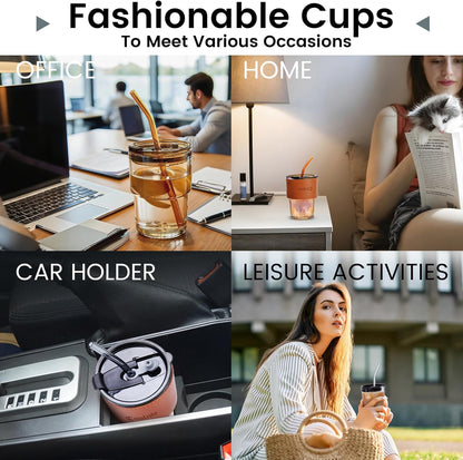 Glass Cups With Lids And Straws, Matcha Cup, Iced Coffee Cup,13Oz/400ml Iced Coffee Glasses Tumbler, Thick Wall Glass Mug For Tea Water, Cute Chirstmas Gifts (Clear,1PCS)