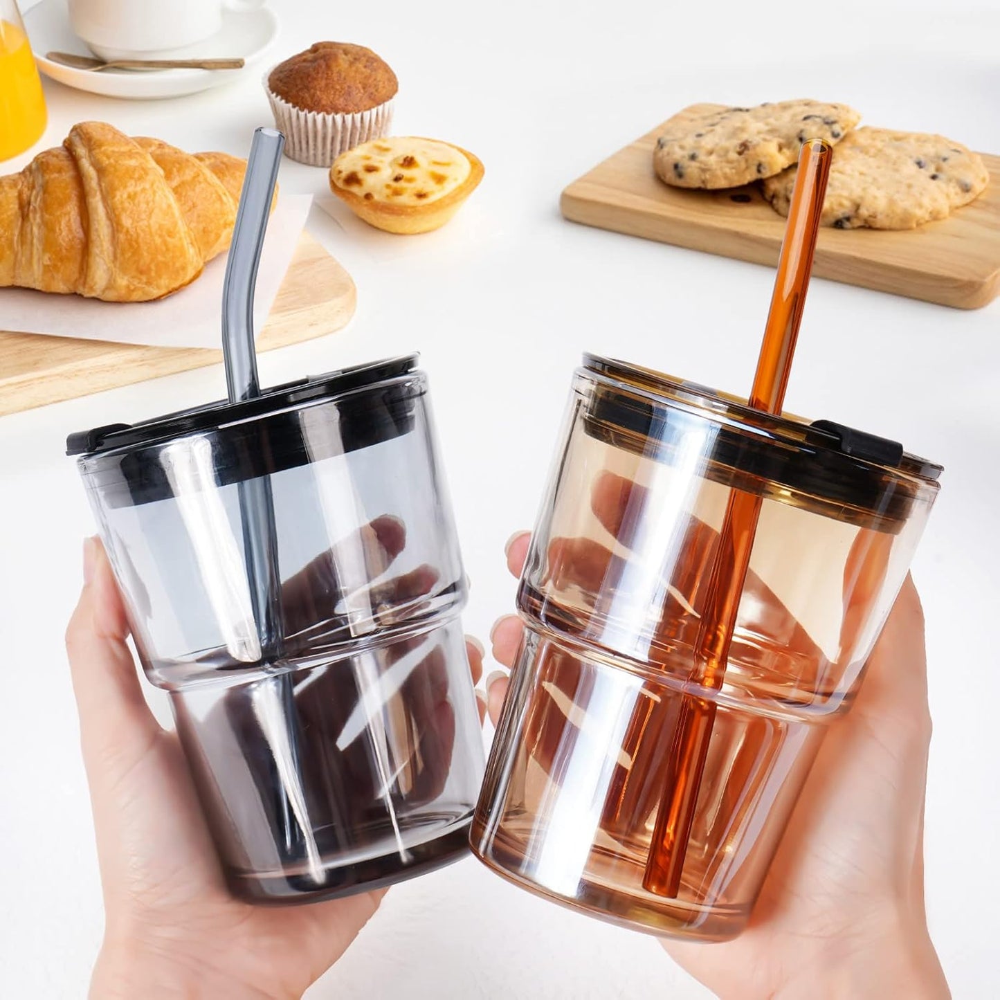 Glass Cups With Lids And Straws, Matcha Cup, Iced Coffee Cup,13Oz/400ml Iced Coffee Glasses Tumbler, Thick Wall Glass Mug For Tea Water, Cute Chirstmas Gifts (Clear,1PCS)