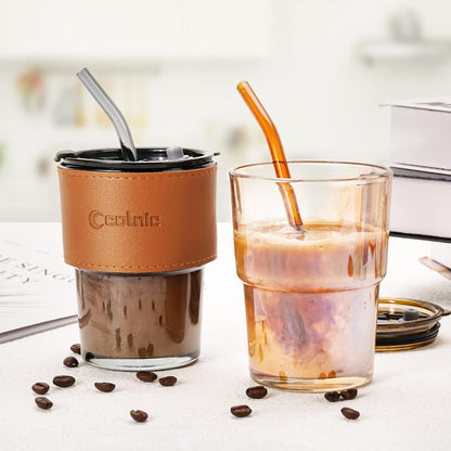Glass Cups With Lids And Straws, Matcha Cup, Iced Coffee Cup,13Oz/400ml Iced Coffee Glasses Tumbler, Thick Wall Glass Mug For Tea Water, Cute Chirstmas Gifts (Clear,1PCS)