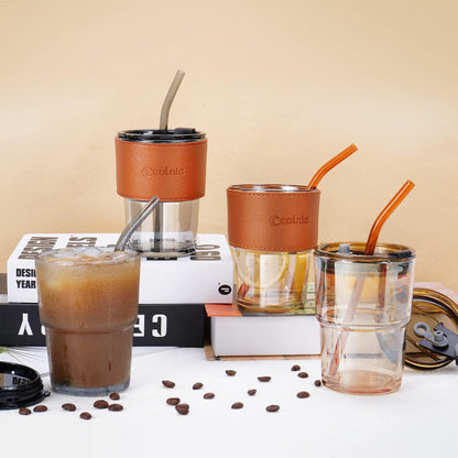 Glass Cups With Lids And Straws, Matcha Cup, Iced Coffee Cup,13Oz/400ml Iced Coffee Glasses Tumbler, Thick Wall Glass Mug For Tea Water, Cute Chirstmas Gifts (Clear,1PCS)