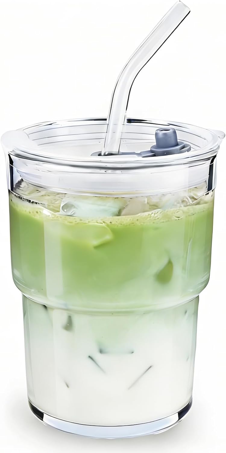 Glass Cups With Lids And Straws, Matcha Cup, Iced Coffee Cup,13Oz/400ml Iced Coffee Glasses Tumbler, Thick Wall Glass Mug For Tea Water, Cute Chirstmas Gifts (Clear,1PCS)