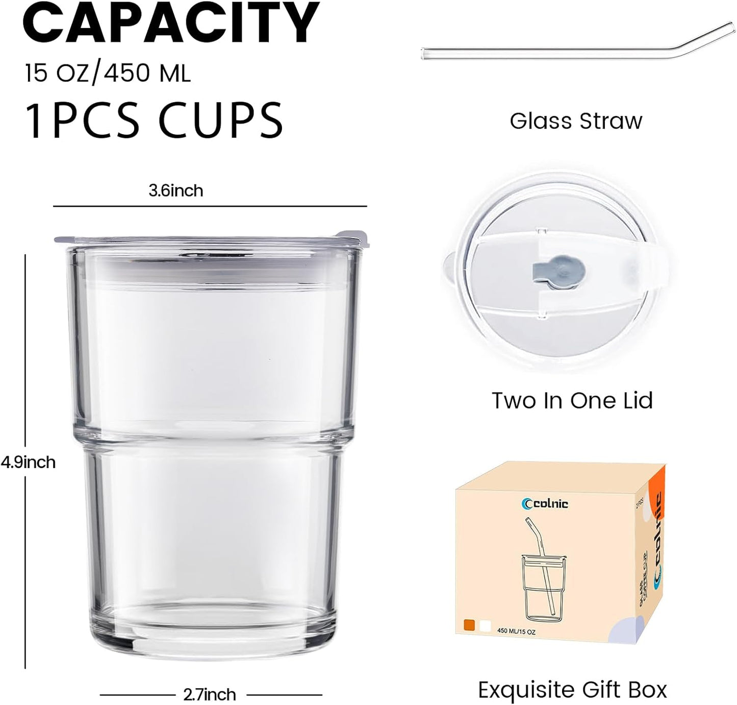 Glass Cups With Lids And Straws, Matcha Cup, Iced Coffee Cup,13Oz/400ml Iced Coffee Glasses Tumbler, Thick Wall Glass Mug For Tea Water, Cute Chirstmas Gifts (Clear,1PCS)