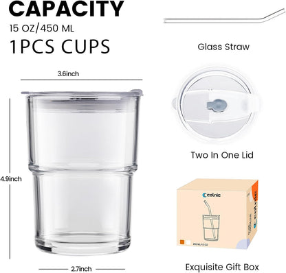 Glass Cups With Lids And Straws, Matcha Cup, Iced Coffee Cup,13Oz/400ml Iced Coffee Glasses Tumbler, Thick Wall Glass Mug For Tea Water, Cute Chirstmas Gifts (Clear,1PCS)