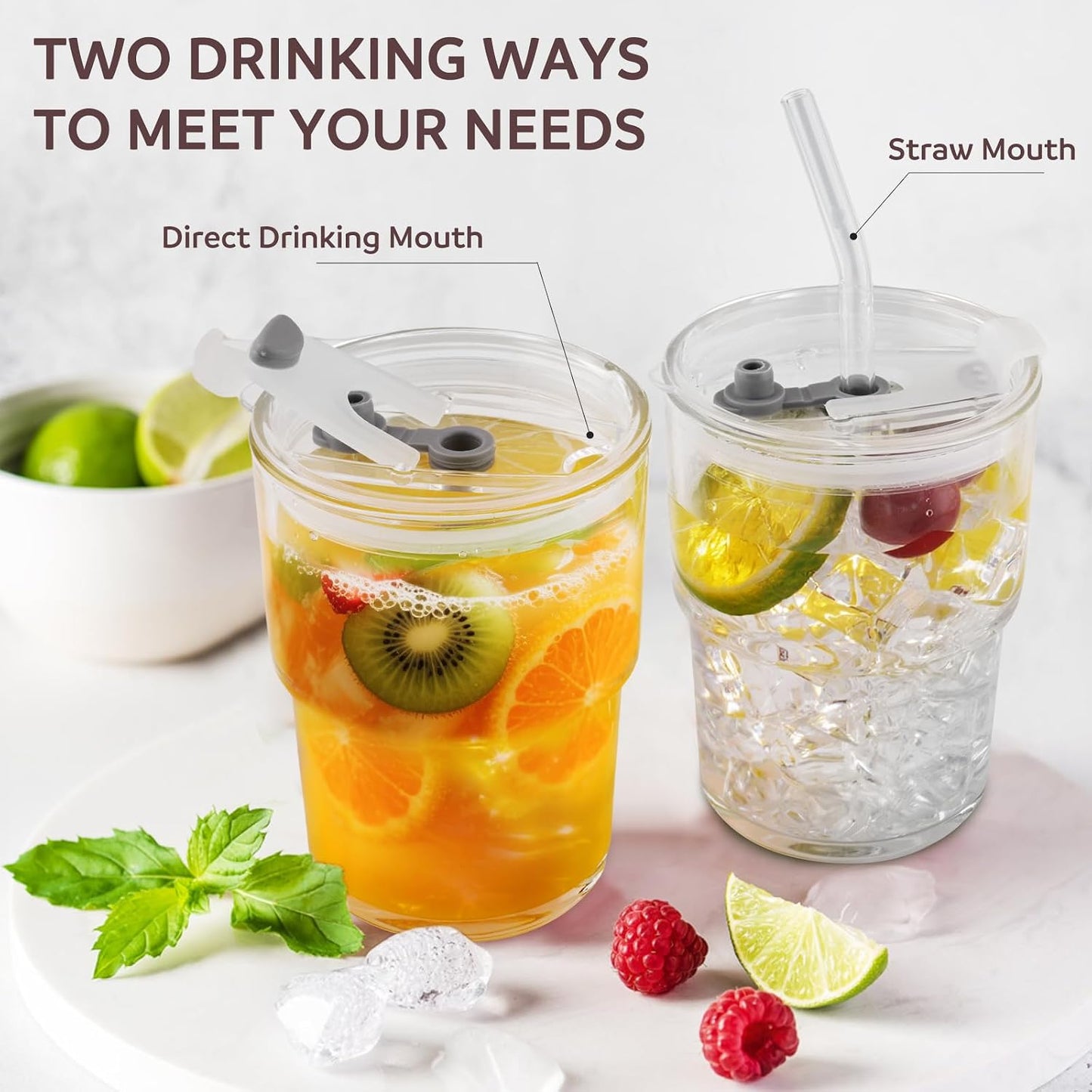 Glass Cups With Lids And Straws, Matcha Cup, Iced Coffee Cup,13Oz/400ml Iced Coffee Glasses Tumbler, Thick Wall Glass Mug For Tea Water, Cute Chirstmas Gifts (Clear,1PCS)