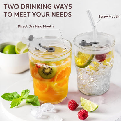Glass Cups With Lids And Straws, Matcha Cup, Iced Coffee Cup,13Oz/400ml Iced Coffee Glasses Tumbler, Thick Wall Glass Mug For Tea Water, Cute Chirstmas Gifts (Clear,1PCS)