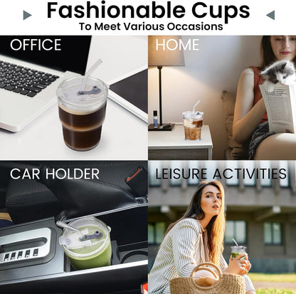 Glass Cups With Lids And Straws, Matcha Cup, Iced Coffee Cup,13Oz/400ml Iced Coffee Glasses Tumbler, Thick Wall Glass Mug For Tea Water, Cute Chirstmas Gifts (Clear,1PCS)