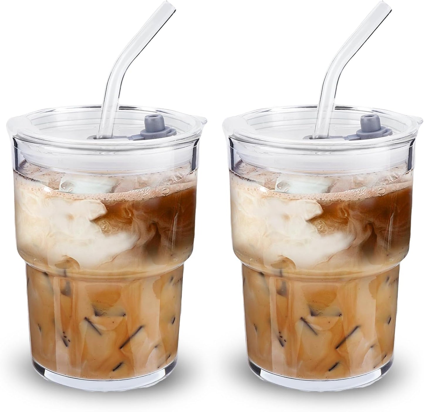 Glass Cups With Lids And Straws, Matcha Cup, Iced Coffee Cup,13Oz/400ml Iced Coffee Glasses Tumbler, Thick Wall Glass Mug For Tea Water, Cute Chirstmas Gifts (Clear,1PCS)