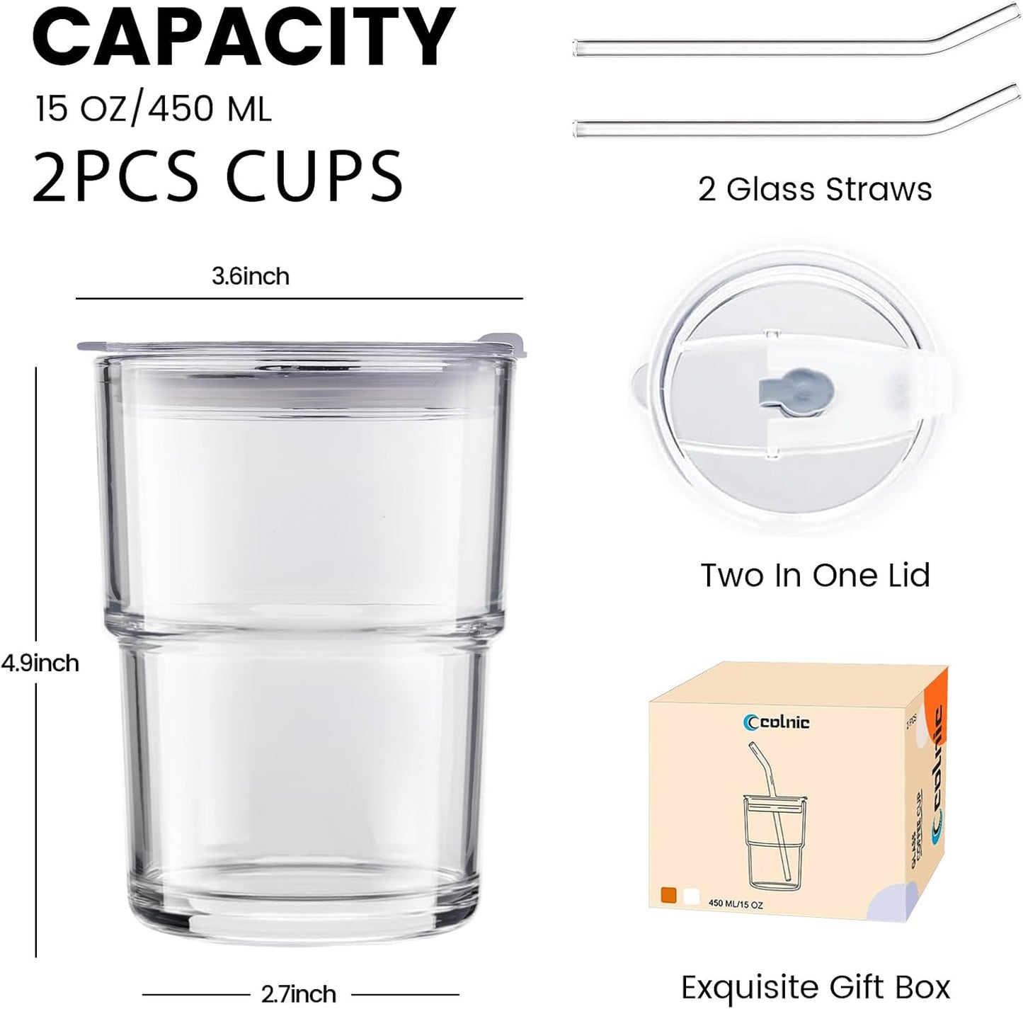 Glass Cups With Lids And Straws, Matcha Cup, Iced Coffee Cup,13Oz/400ml Iced Coffee Glasses Tumbler, Thick Wall Glass Mug For Tea Water, Cute Chirstmas Gifts (Clear,1PCS)