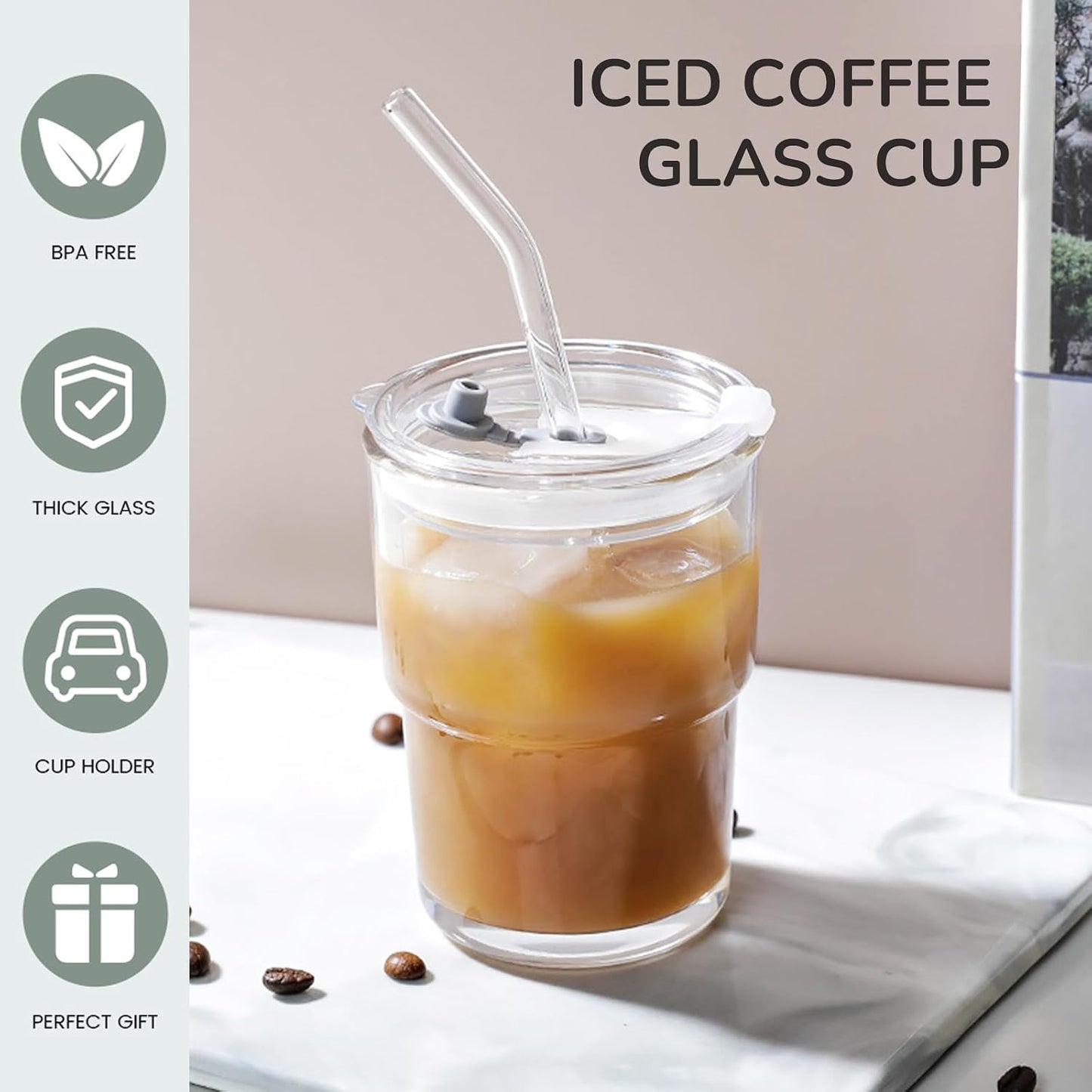 Glass Cups With Lids And Straws, Matcha Cup, Iced Coffee Cup,13Oz/400ml Iced Coffee Glasses Tumbler, Thick Wall Glass Mug For Tea Water, Cute Chirstmas Gifts (Clear,1PCS)