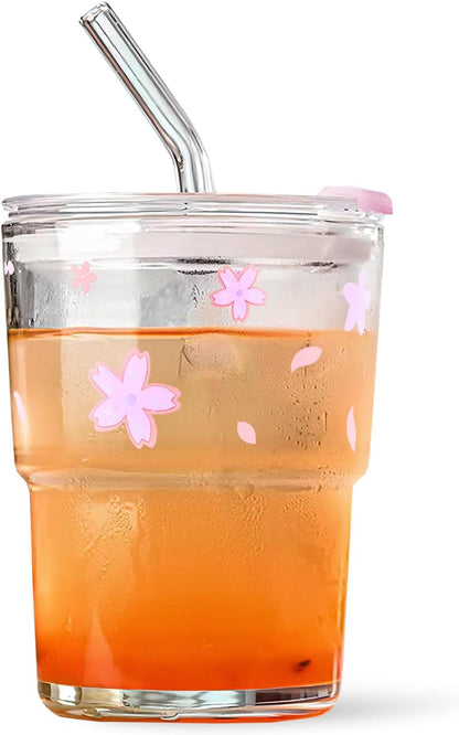 Glass Cups With Lids And Straws, Matcha Cup, Iced Coffee Cup,13Oz/400ml Iced Coffee Glasses Tumbler, Thick Wall Glass Mug For Tea Water, Cute Chirstmas Gifts (Clear,1PCS)